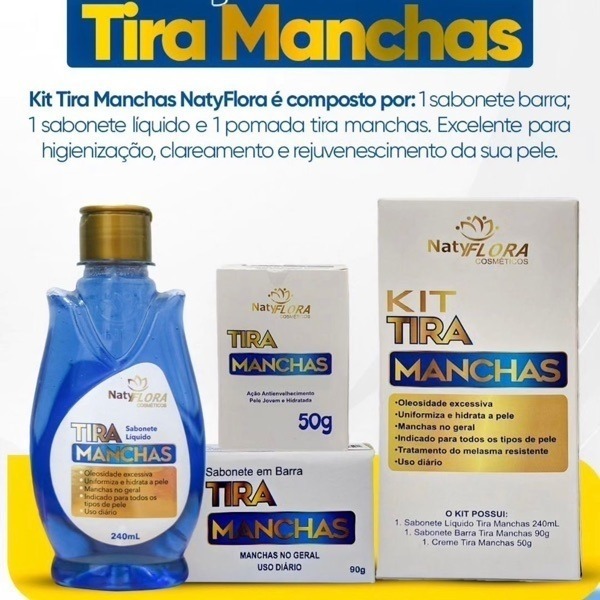 Kit tira manchas efeito clareador e anti manchas - 3 itens (sabonete liquido, sabonete em barra tira manchas, creme noturno tira manchas)  Naty flora