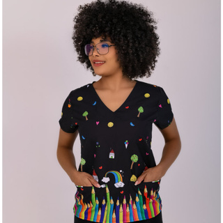Blusa Bata Scrubs Feminina Baby Look Educação Preta em Oferta na Shopee