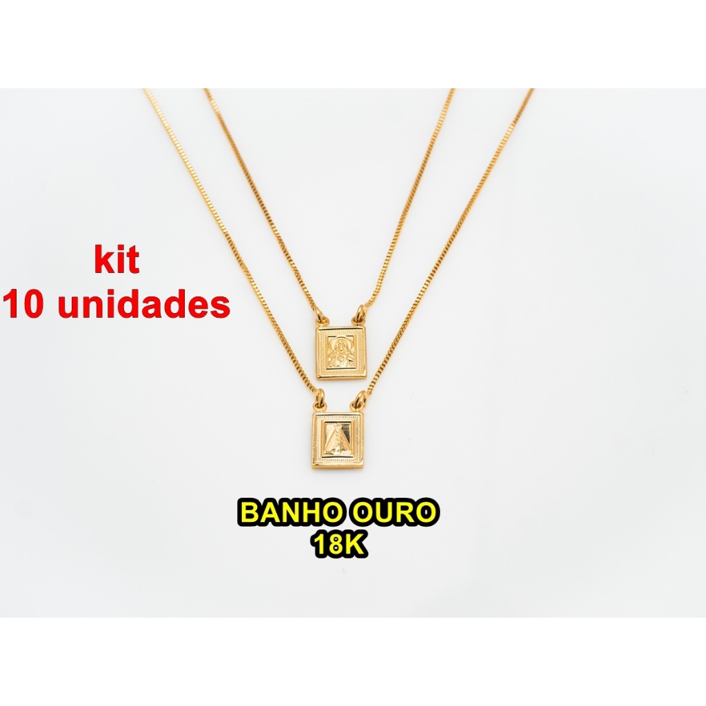 Kit Revenda 10 Escapulários 70cm Nossa Senhora Aparecida e Sagrado Coração Banhado Ouro 18k