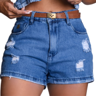 Short com Cinto Jeans Feminino Cintura Alta Modeladora Empina Bumbum Blogueira Tendência com Bolsos em Oferta na Shopee