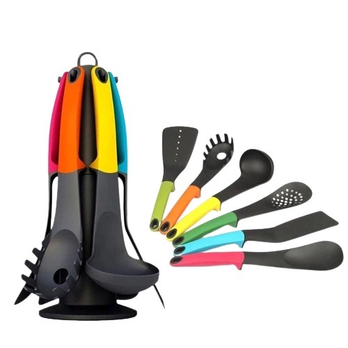 Kit Com 7 Peças Silicone de Cozinha Contando Com Suporte Giratório Prático e Bonito