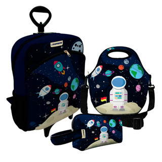 Kit Escolar Premium com Mochila Infantil de Rodinhas com Lancheira Térmica e Estojo Grande com Alça – ISOPRENE – Astronauta Coleção 2024