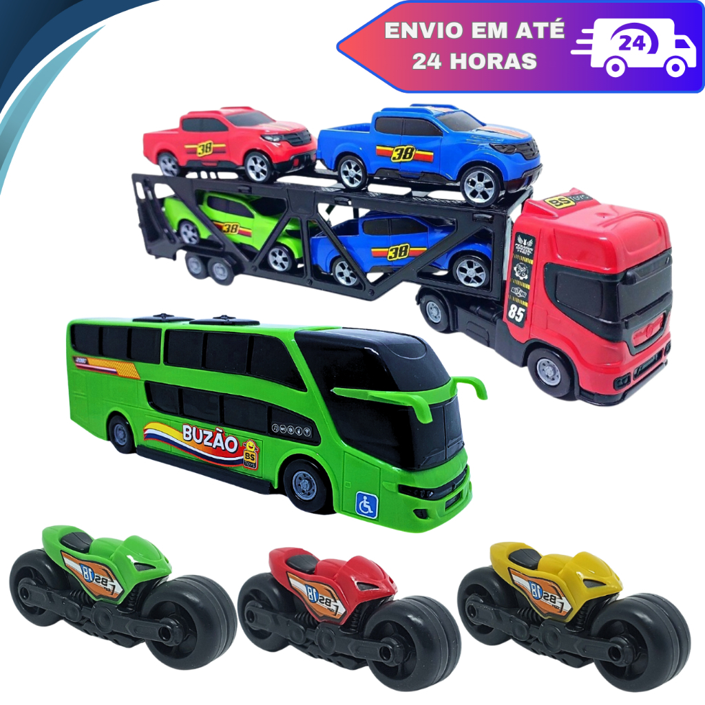 Kit Brinquedo Caminhão Cegonha Onibus De Viagem Miniatura 4 Carrinhos 3 Motinhas Oferta Natal
