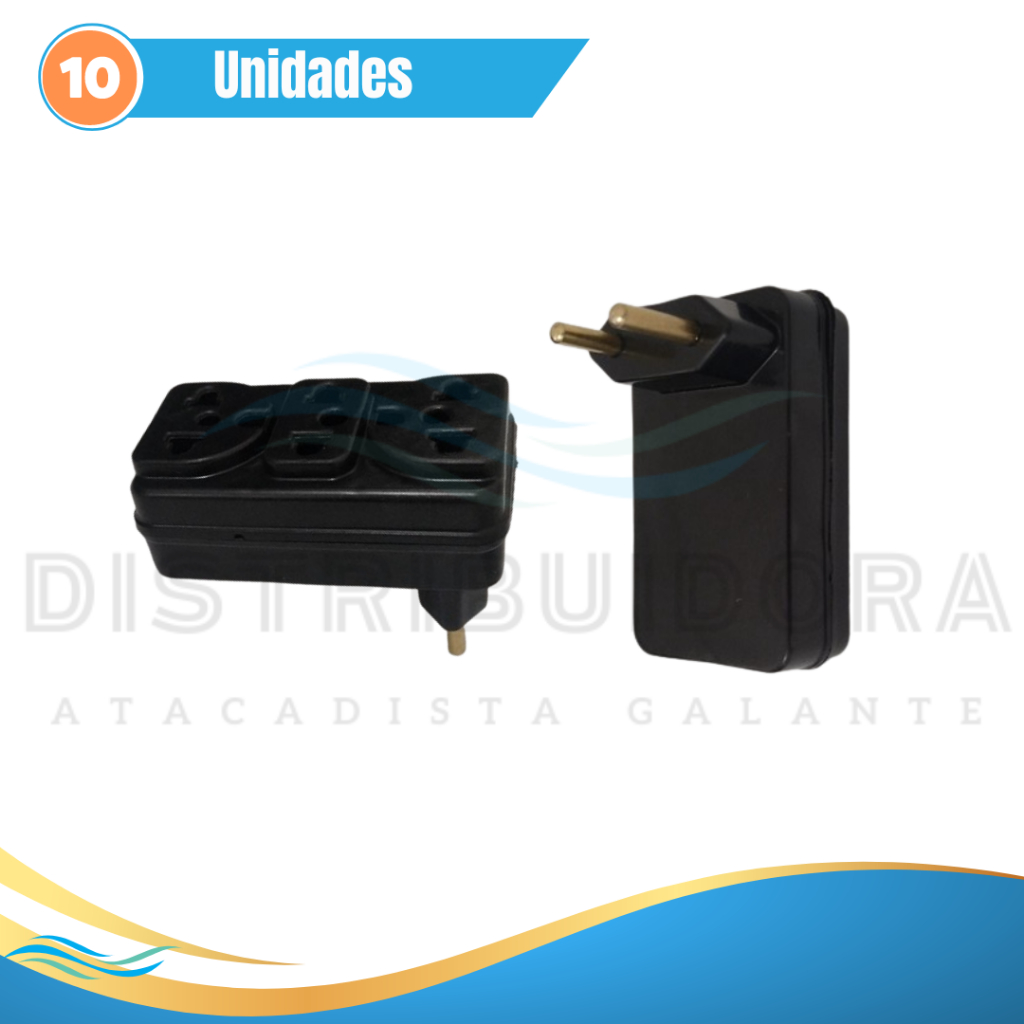 10x Adaptador 3 saídas 10A Pino Deslocado Preto Trioplast Distribuidora Galante