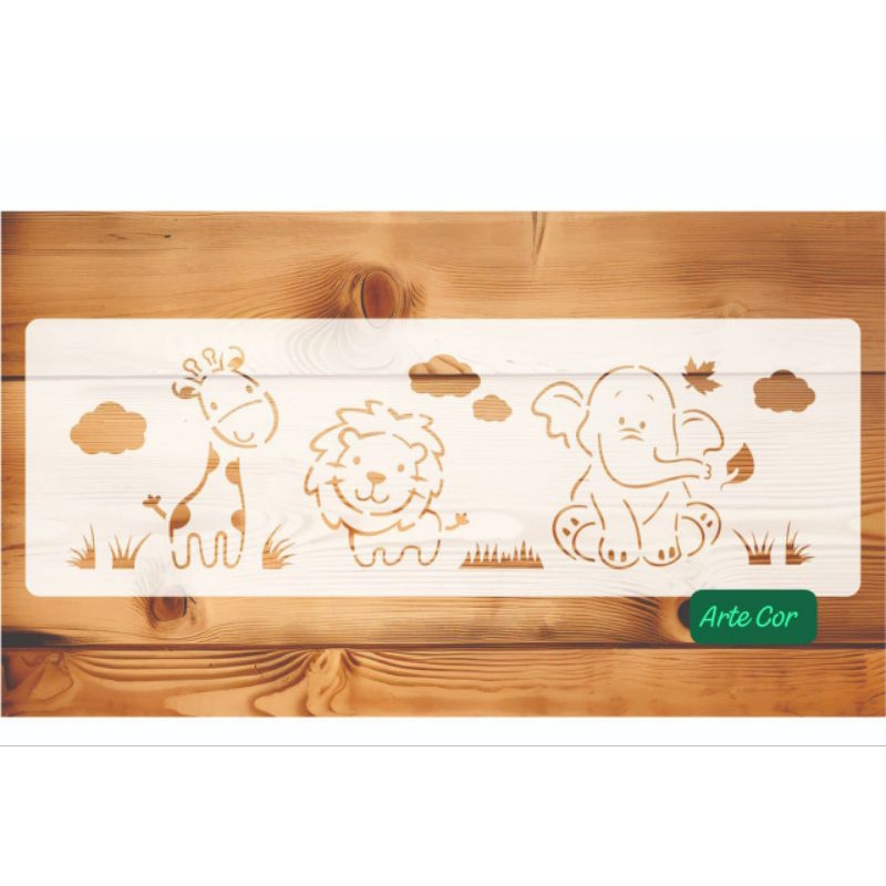 Estencil Safari / 30 x 10 cm / baby leão / elefante / girafa em Oferta na Shopee