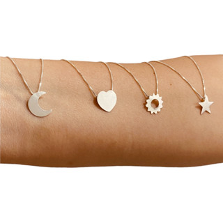 Colar Veneziana De Prata 925 com Pingente Lua Sol Estrela Coração