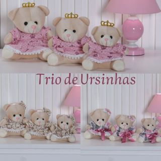 Trio Ursinhos De Pelúcia Para Nicho Decoração Bebê Quarto Festa - Ursinha Floral Rosa Ursa