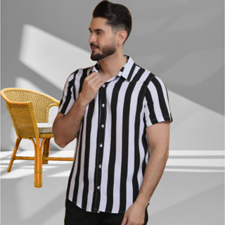 Camisa Camiseta masculino Listrada Preta E Branca Manga Curta Slim Estampada