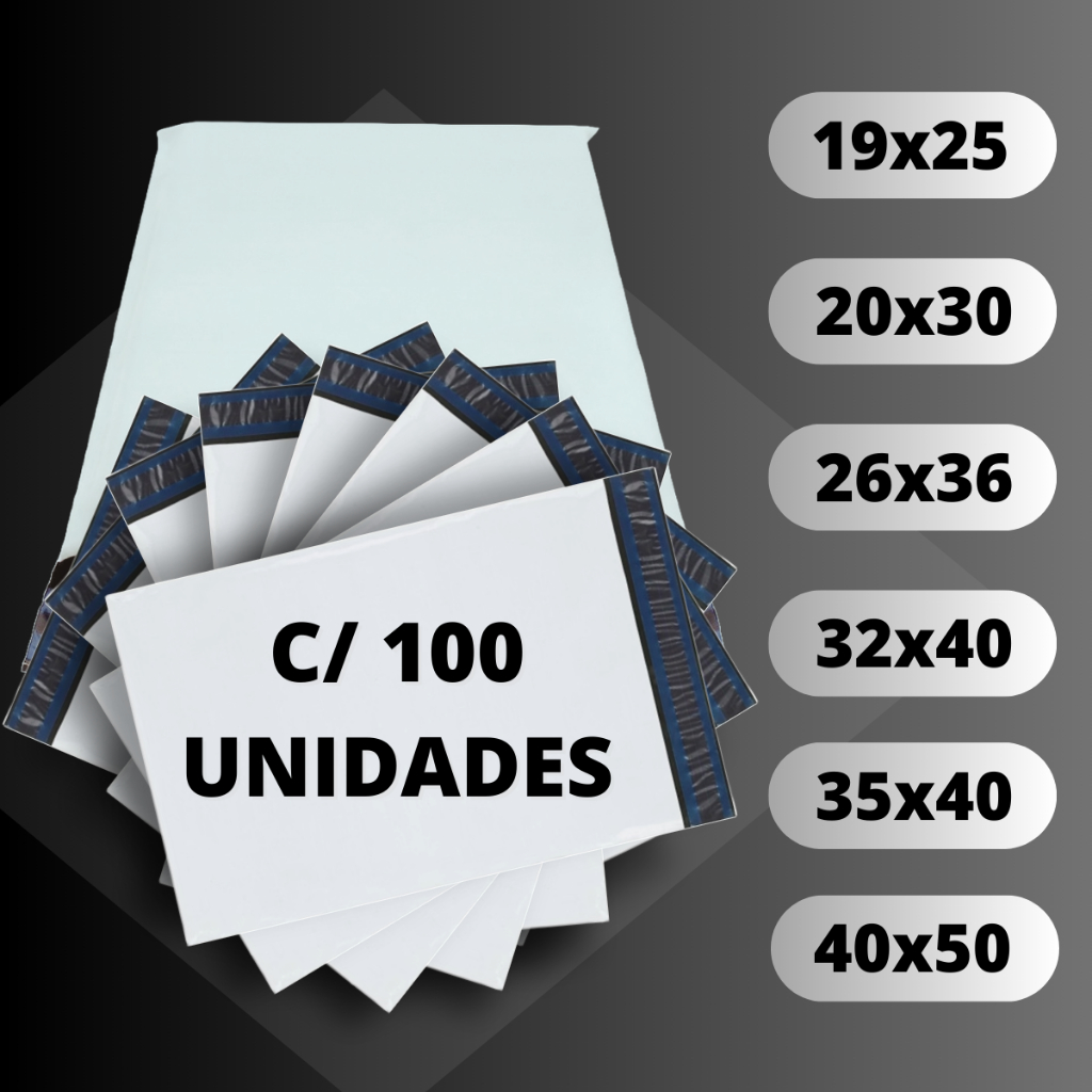 Kit Envelope de Segurança com 100 Unidades Embalagem Branco Auto Colante Envios Ecommerce - Varias Medidas