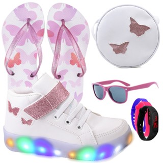 Kit Tenis Feminino Infantil Botinha Borboleta De Led Meninas Cano Alto + Bolsa + Chinelo + Óculos + Relógio Linkito