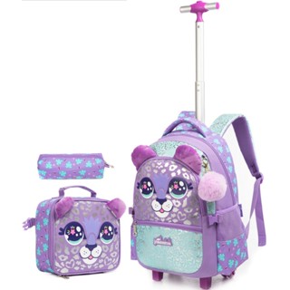 Kit Mochila Escolar Gatinho Roxo Rosa Infantil Lancheira Rodinha