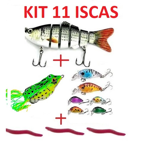 kit 11 iscas artificiais lambari articulado 10cm + isca frog 4cm + 4 iscas 2,8cm + 2 iscas 4,5cm + 3 iscas minhocas 3cm