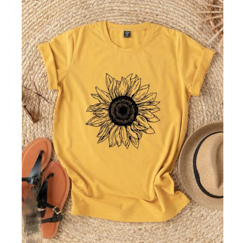 Blusa Tshirt Feminina Manga Curta Viscolaycra Estampa Girassol