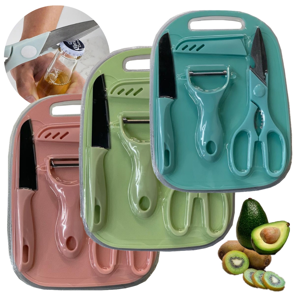 Kit Facas Tesoura Descascador Tábua Coloridos de Cozinha Aço Inoxidável 04 Peças