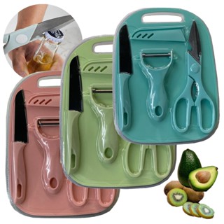 Kit Facas Tesoura Descascador Tábua Coloridos de Cozinha Aço Inoxidável 04 Peças