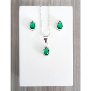 Conjunto de Prata 925 Legítima Gota Cravejada Verde 45cm