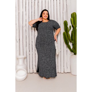 Vestido Longo Plus size moda evangélica com fenda Liso Preto Listras do 44 ao 60