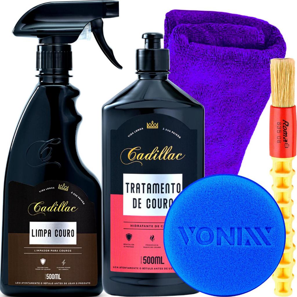 Kit Limpador de Couro + Hidratante Tratamento de Couro 500ml Cadillac + Pano + Pincel + Aplicador em Oferta na Shopee