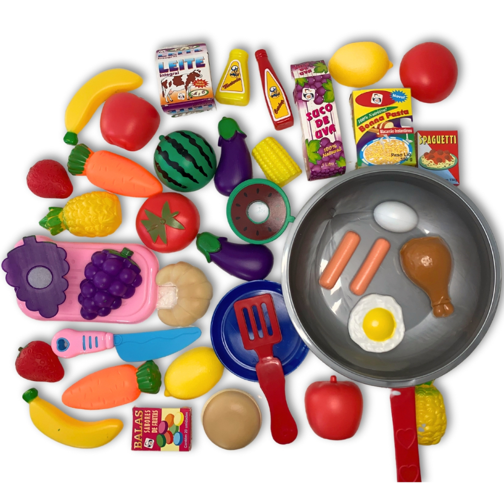 Mercadinho Frutas e Legumes de Cortar com Velcro + Frigideira C/ Comidinhas de Brinquedo Infantil