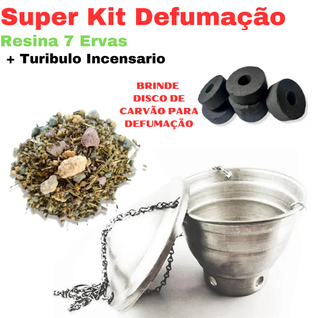 Imagem Kit Defumação - Turíbulo Incensário + Resina Sete Ervas 100g Combinadas + Disco de Carvão