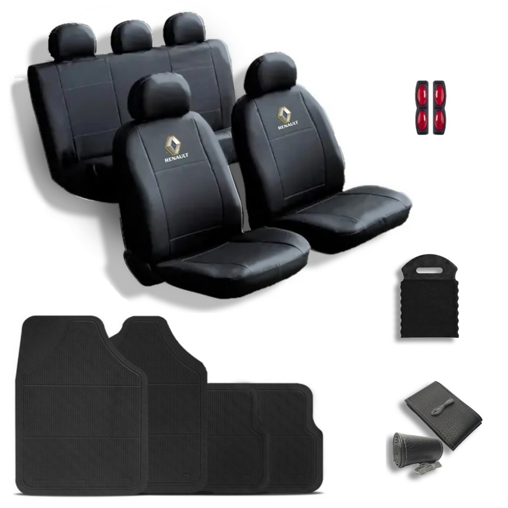 Kit Capas Banco Carro Couro Jogo Tapetes Volante Renault Clio Logan Sandero Duster Symbol