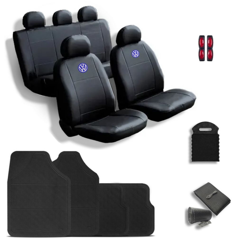 Kit Capas Banco Carro Couro Jogo Tapetes Volante Volks Gol Golf Polo Voyage G1 G8 Fox Santana Amarok Parati Polo Virtus