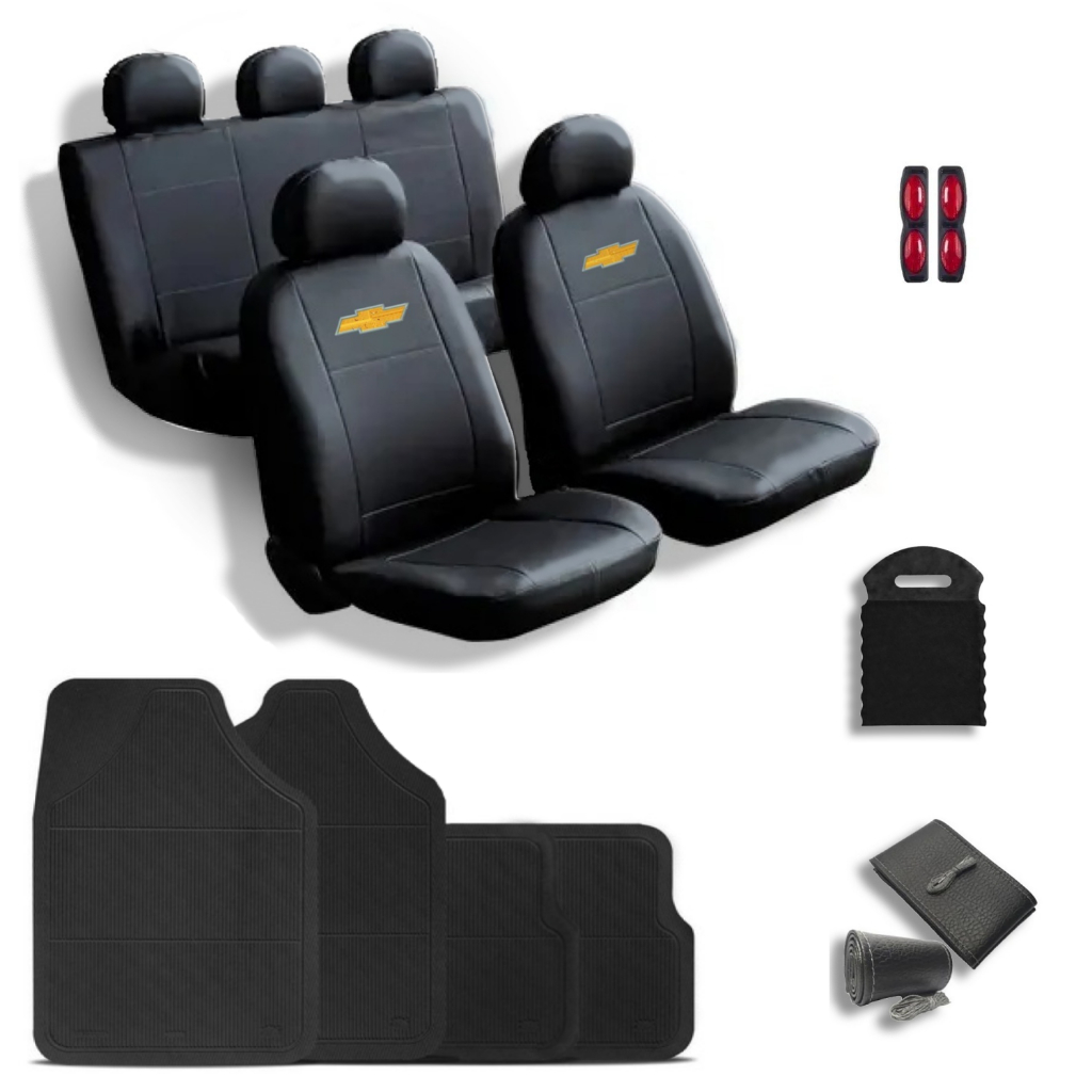 Kit Capas Banco Carro Couro Jogo Tapetes Volante Chevrolet Corsa Celta Prisma Onix Vectra Astra Meriva S10 Spin Montana