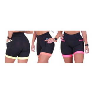 KIT 3 BERMUDAS DE ACADEMIA FITNESS FEMININA CÓS ALTO COM BOLSOS LATERAIS PORTA CELULAR.