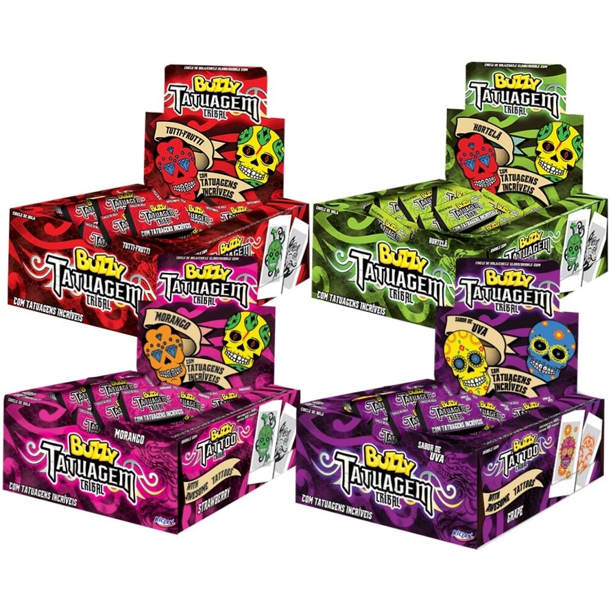 Kit 4 Caixas Chiclete Buzzy Tattoo Tribal c/90un Tatuagem Chicle Goma de Mascar Sem Gluten