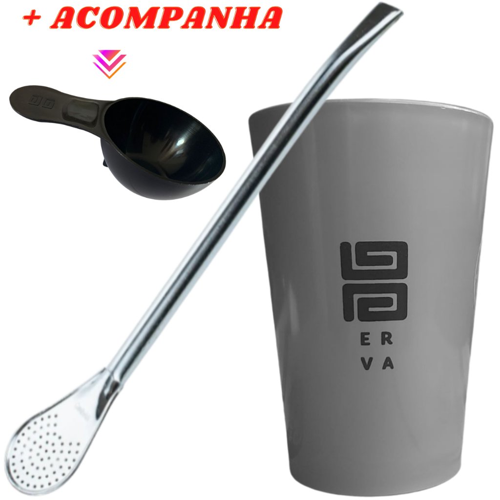 Kit Para Tereré Black Erva Copo de Acrílico Cinza+ Bomba Clássica Cromada + Scoop (Colher medidora)