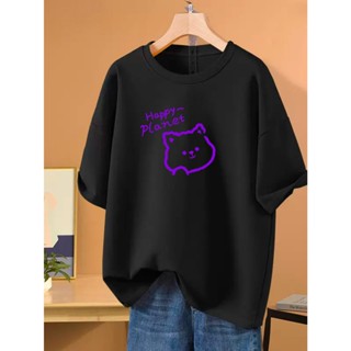 Baby Look Camiseta feminina T-shirt algodão 100% gola careca com gráfico de gato roxo animado