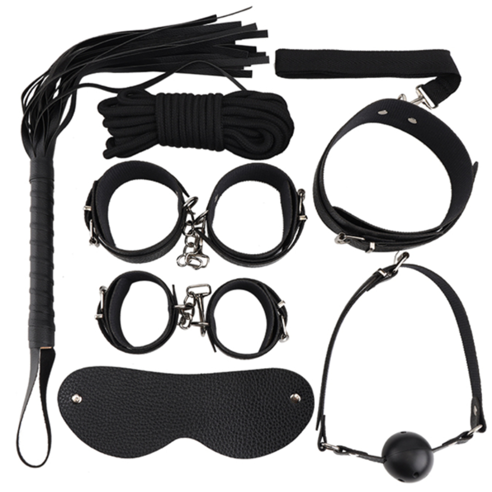 Kit BDSM 8 Peças Sadomasoquismo Fantasia Algema Chicote Fetiche Dominatrix Erotico Bondage