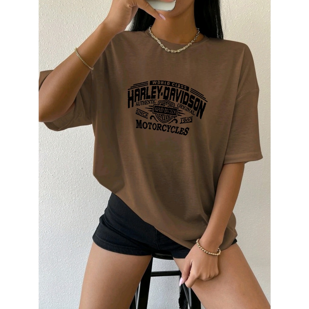 Oversized T-shirt camiseta feminina ombro caído ocasional com letra e gráfico estampada em Oferta na Shopee