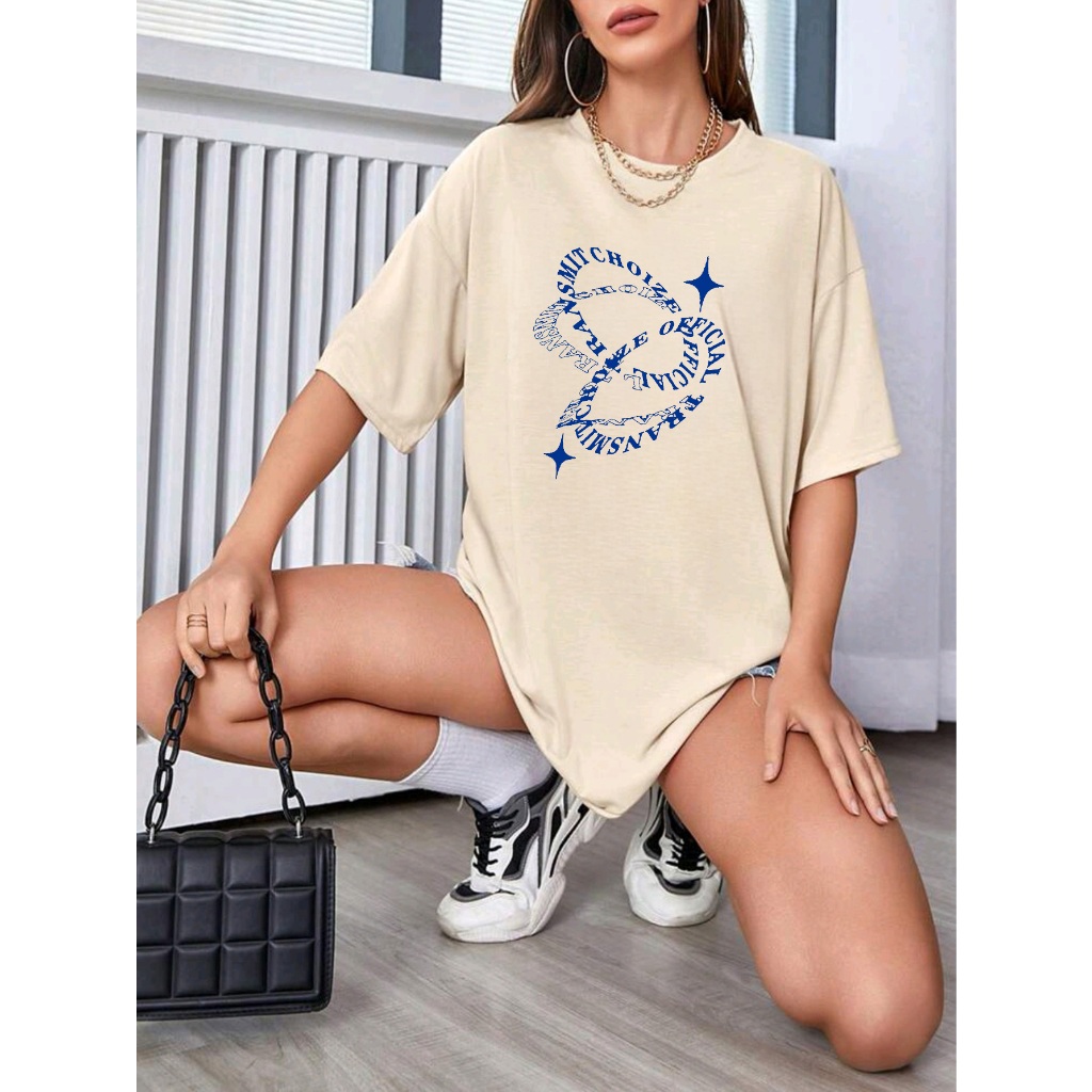 Oversized T-shirt camiseta plus feminina ombro caído ocasional com letra e gráfico de estrela estampada em Oferta na Shopee
