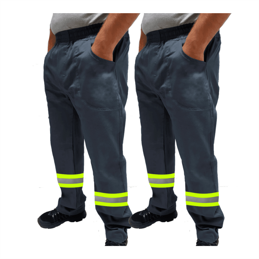 Kit C/ 2 Calça de Uniforme Eletricista Brim Profissional Reforçada Com Faixa Refletiva Verde