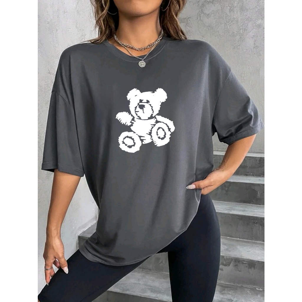 Oversized camiseta feminina ombro caído ocasional com urso de pelucia desenhado estampada