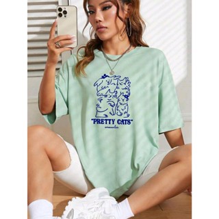 Oversized camiseta feminina ombro caído ocasional com gatos e letra estampada