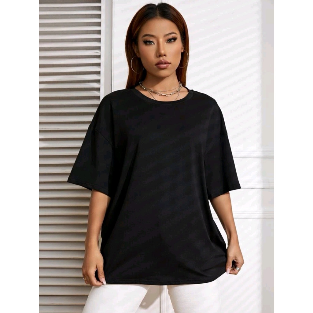 Oversized camiseta feminina ombro caído ocasional 100% algodão liso