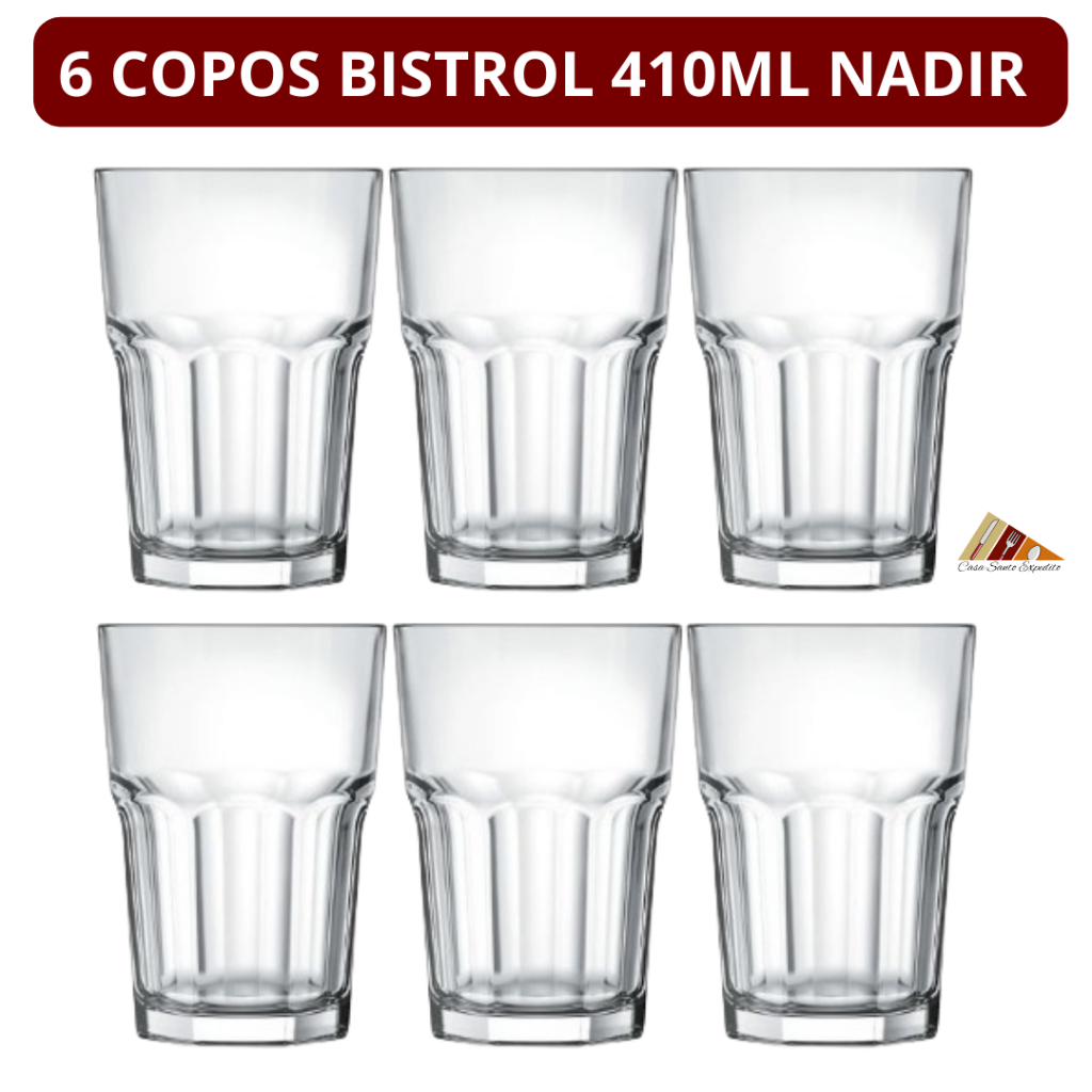 Conjunto 6 Copos Bistrol 410ml Nadir Vidro Grosso Grande Coquetel Suco Refrigerante