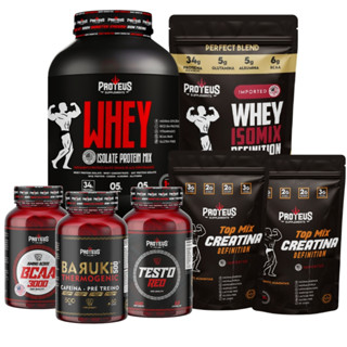 Kit Completo - Pote Whey Protein IsoMix 34gr Proteina 1Kg + Refil Sache 1Kg + 02 Creatina TopMix 300gr cada + Termogenico Baruki + TestoRed Inductor + BCAA