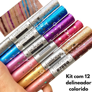 Kit 12 Delineador Glitter Colorido Metálico 2 em 1 Pigmentacao Intensa Longa Duração