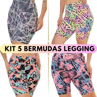Kit 5 Bermuda Legging Feminina Estampada Suplex Fitness Cintura Alta Shorts Legging Feminino Ciclista em Oferta na Shopee