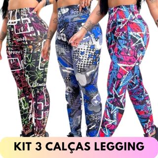 Kit 3 Calça Legging Feminina Estampada Cintura Alta Suplex Leg Academia Fitness Cós Alto