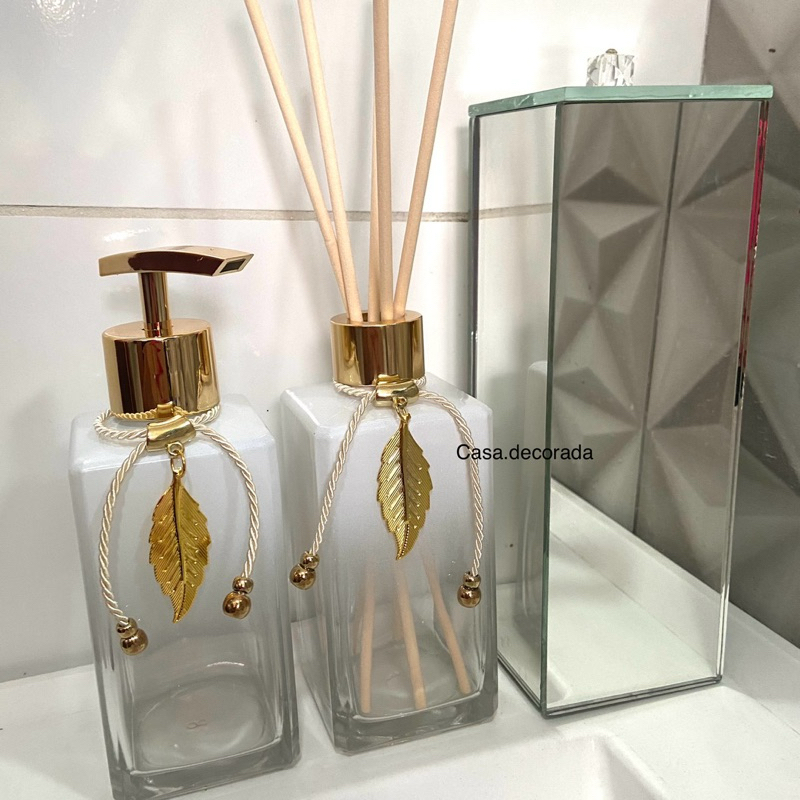 Kit Lavabo / Banheiro Dourado Ouro Porta Escovas Espelhado Porta Sabonete líquido Difusor pingente folha