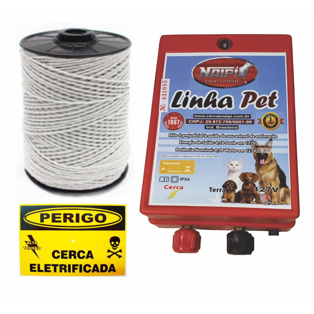 kit cerca PET / 1 Eetrificador 127V - 100m. Fio eletroplastico BR - 30 Roldana RMPT - 01 Placa de cerca