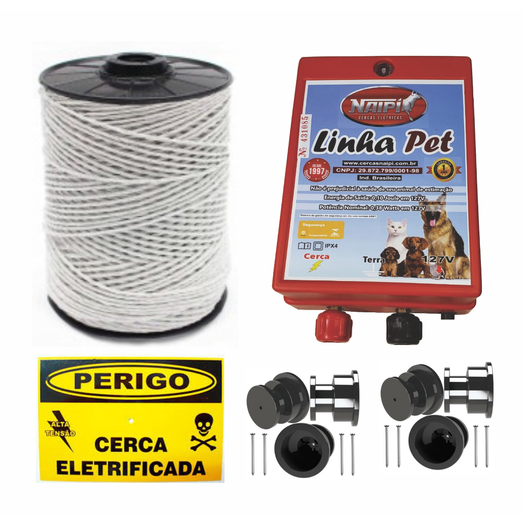 kit cerca elétrica PET - 01 Eletrificador PET 127 V + 100m Fio eletro + 30 Roldana 30x30 PT + 02 Placa de Advertência