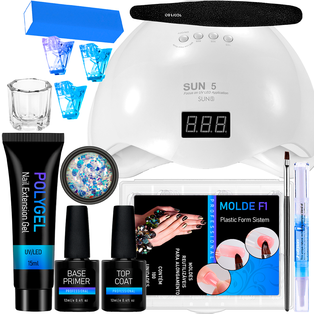 Kit Unhas Poly Gel Com Cabine Secadora 48W Polygel Alongamento Barato Molde F1 Top Coat Primer