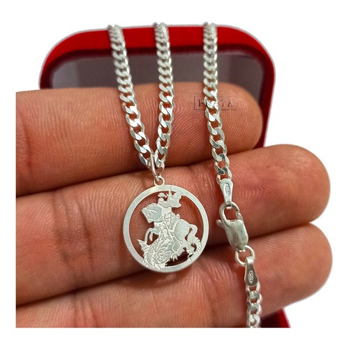 Corrente Prata 925 Maciça 3mm Grumet 1x1 Cordão Masculino Prata Legitima Escamada Flat E Pingente São Jorge Pequeno