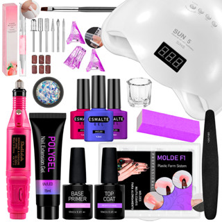 Kit Unhas em Poligel Molde F1 Alongamento Polygel  Cabine Sun Secadora Unhas Esmaltes + Lixa Lixadeira Motor Elétrica