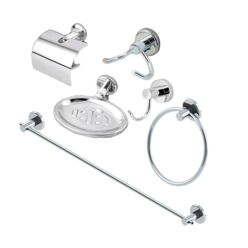 Kit para Banheiro 6 peças Inox Alumínio Papeleira, Cabide simples, Saboneteira e Argola